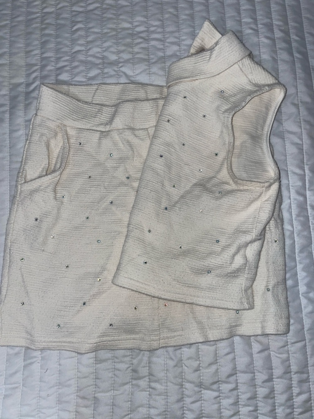 Francesca's Collections Cream Knit Tank and Skirt Set with Rhinestones